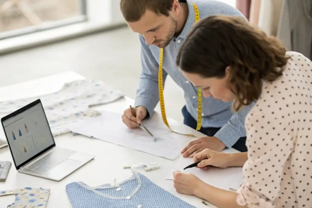 Western kidswear designers reviewing patterns and sketches at worktable