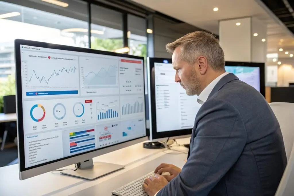 Businessman analyzing marketing charts on dual monitors at desk
