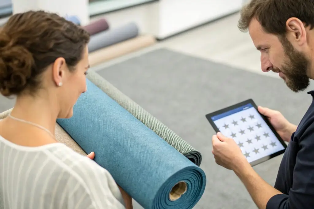 Western product developer comparing fabric rolls with digital patterns