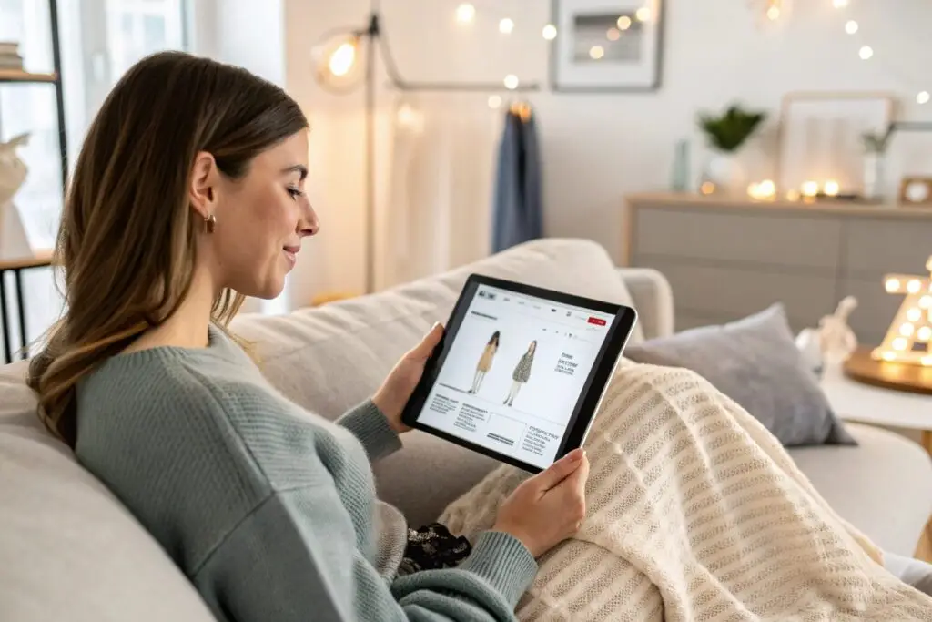 Woman browsing fashion website on tablet while relaxing at home