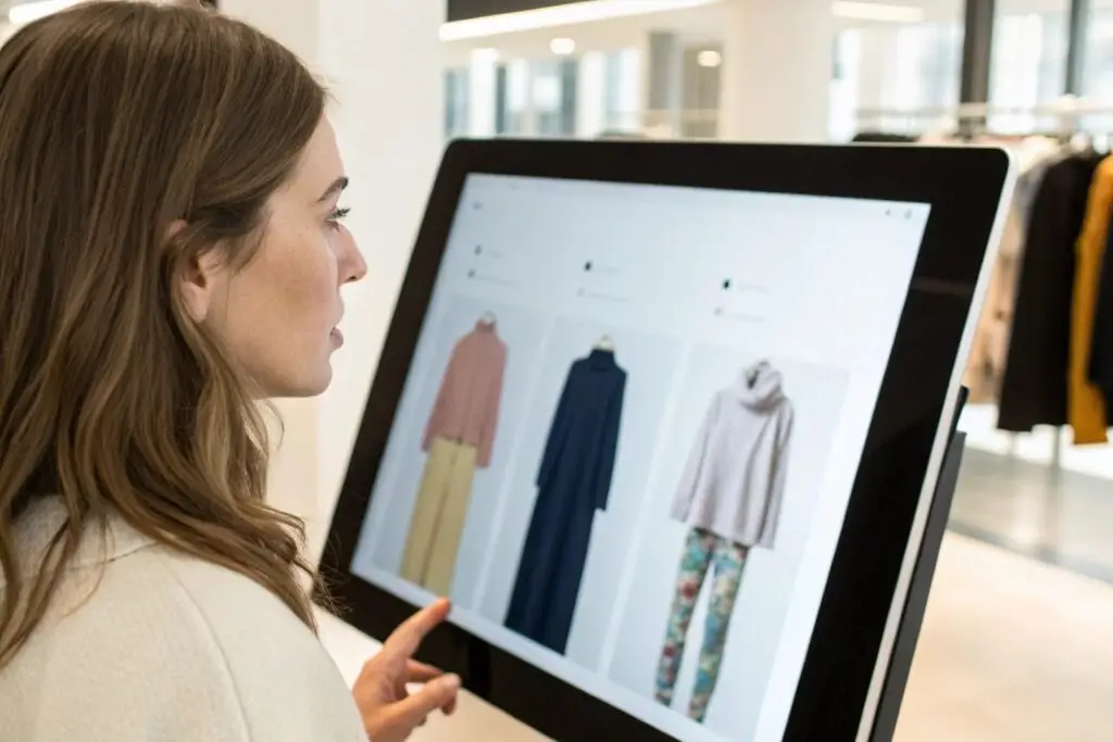 woman browsing fashion outfits on large touchscreen display