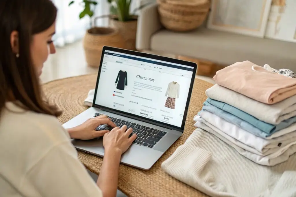 Woman browsing clothing website on laptop with folded clothes nearby