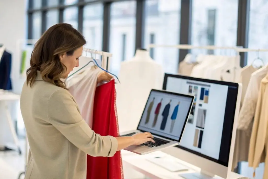 woman customizing garment color on laptop while comparing fabric swatches