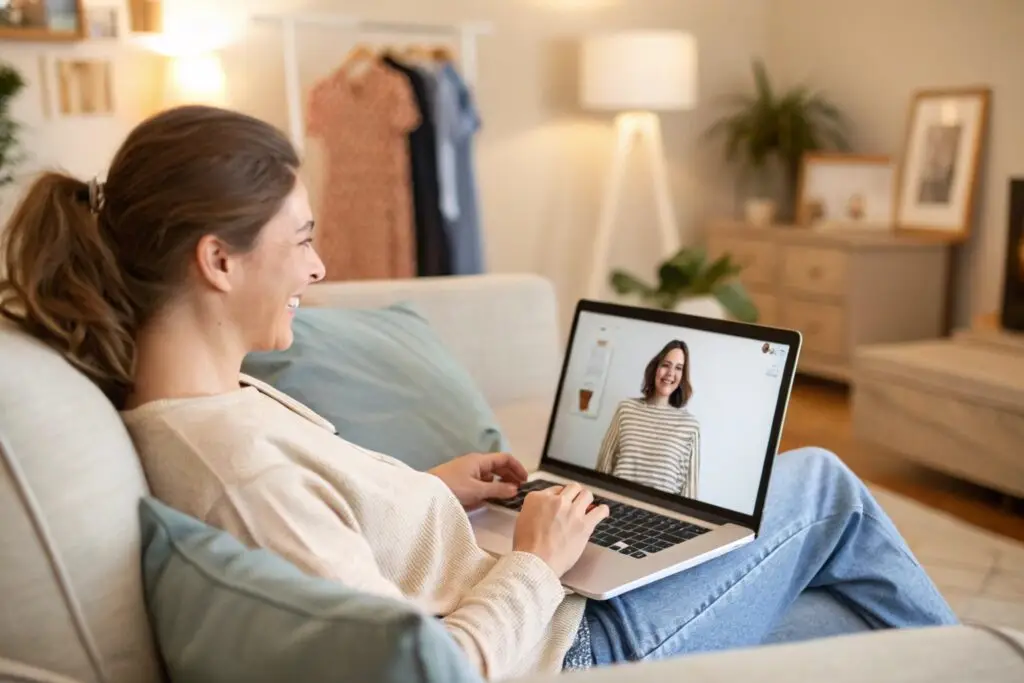 Woman video chatting on laptop while sitting comfortably on sofa