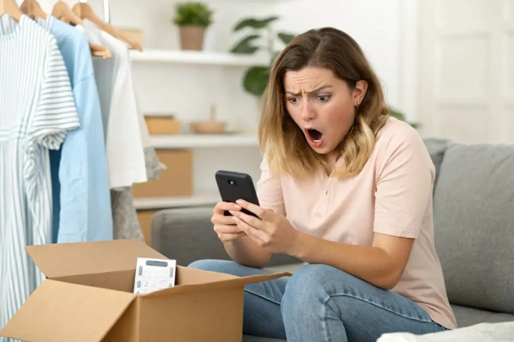 Shocked woman checking phone after opening clothing delivery box