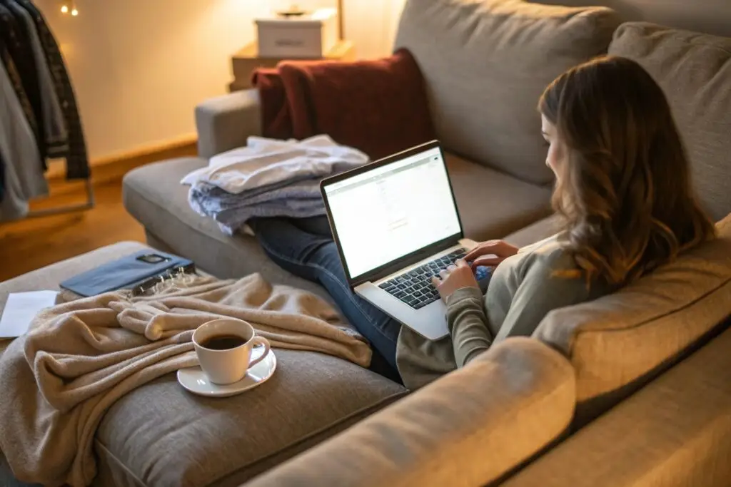 Woman using laptop on sofa with clothes and coffee nearby