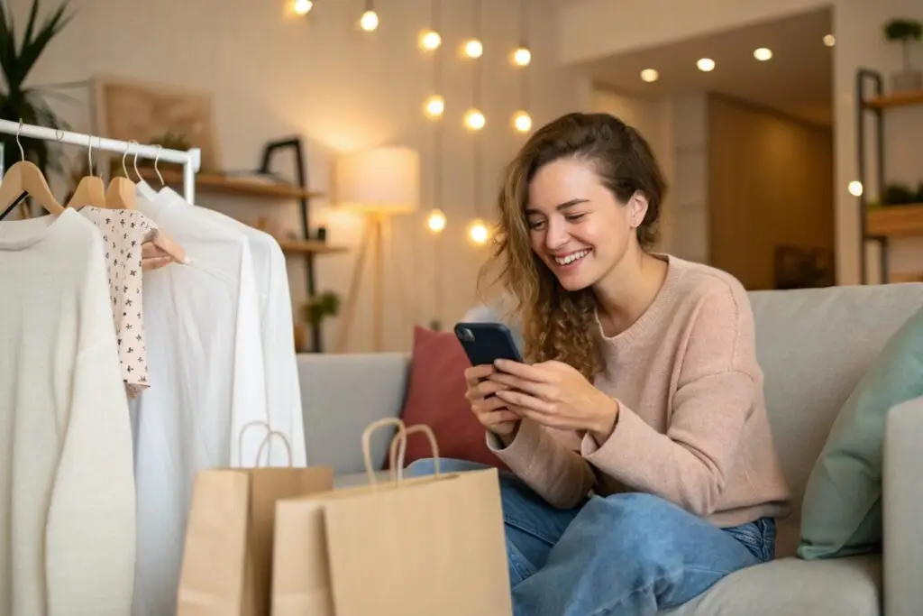 Western shopper checking phone after shopping