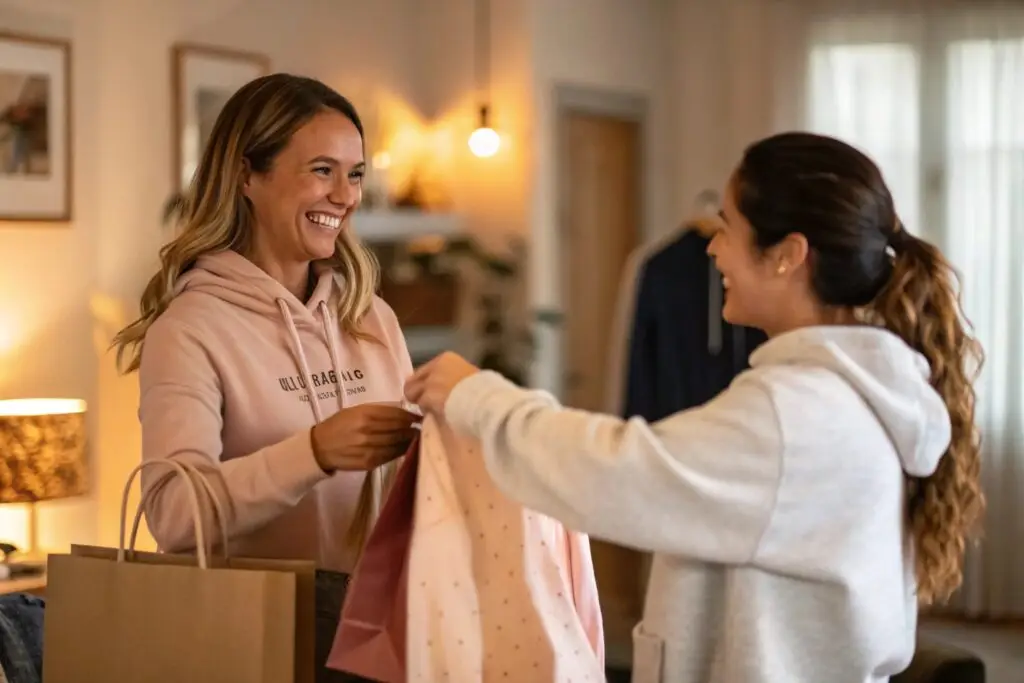Two women smiling while exchanging clothing and shopping bags
