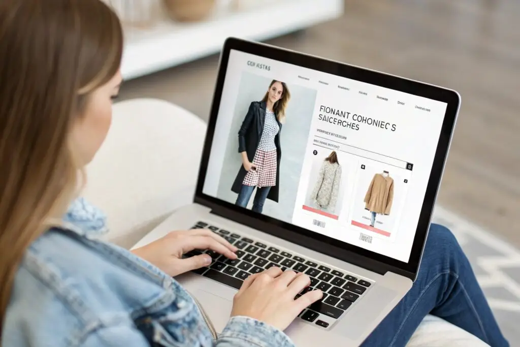 Woman browsing fashion store online with coat listings on screen