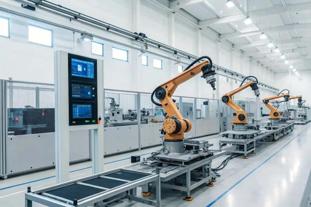 automated robotic arms assembling products in modern factory line