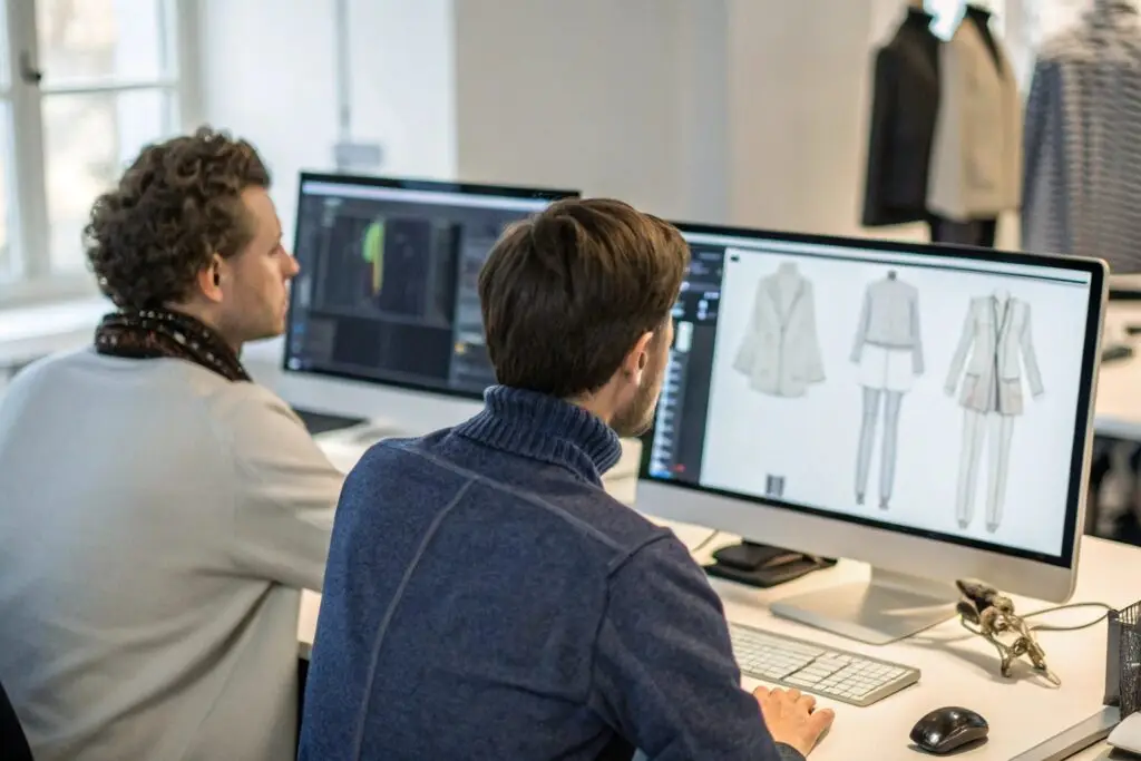 fashion designers using software to create clothing patterns on computer