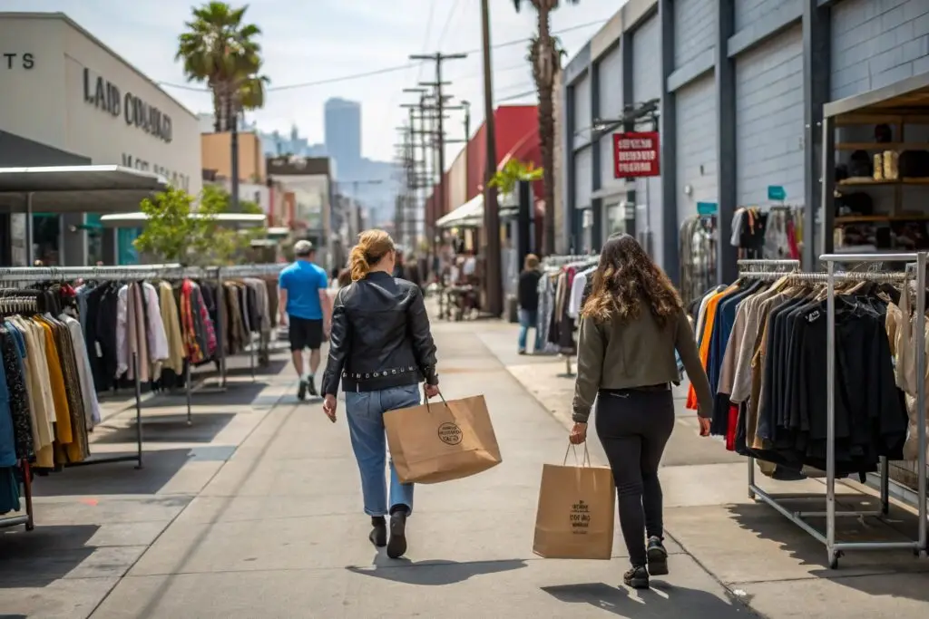 Shoppers walking through LA Fashion District