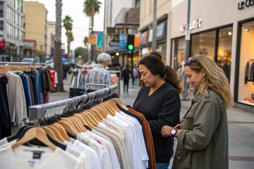 Western fashion buyers browsing outdoor clothing racks