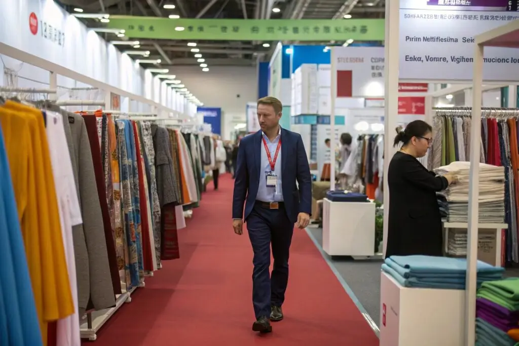 Buyer walking through textile trade show exhibition aisle