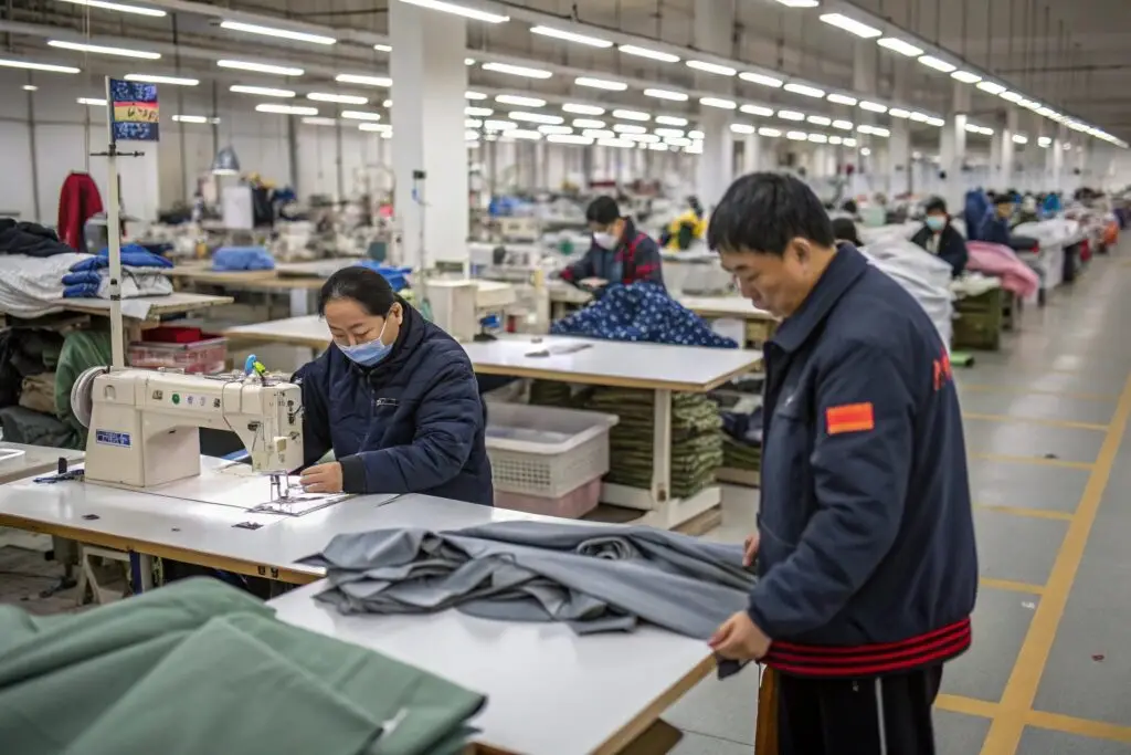 Garment workers stitching and preparing apparel in factory