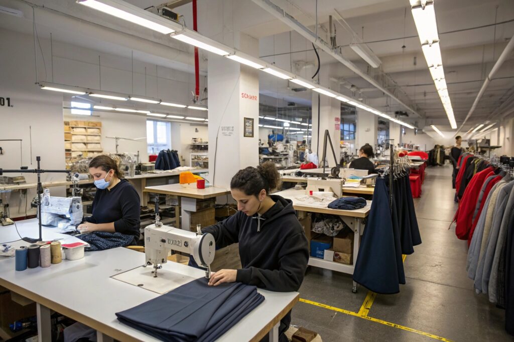 Inside a modern NYC garment factory with sewing machines and fabric workstations