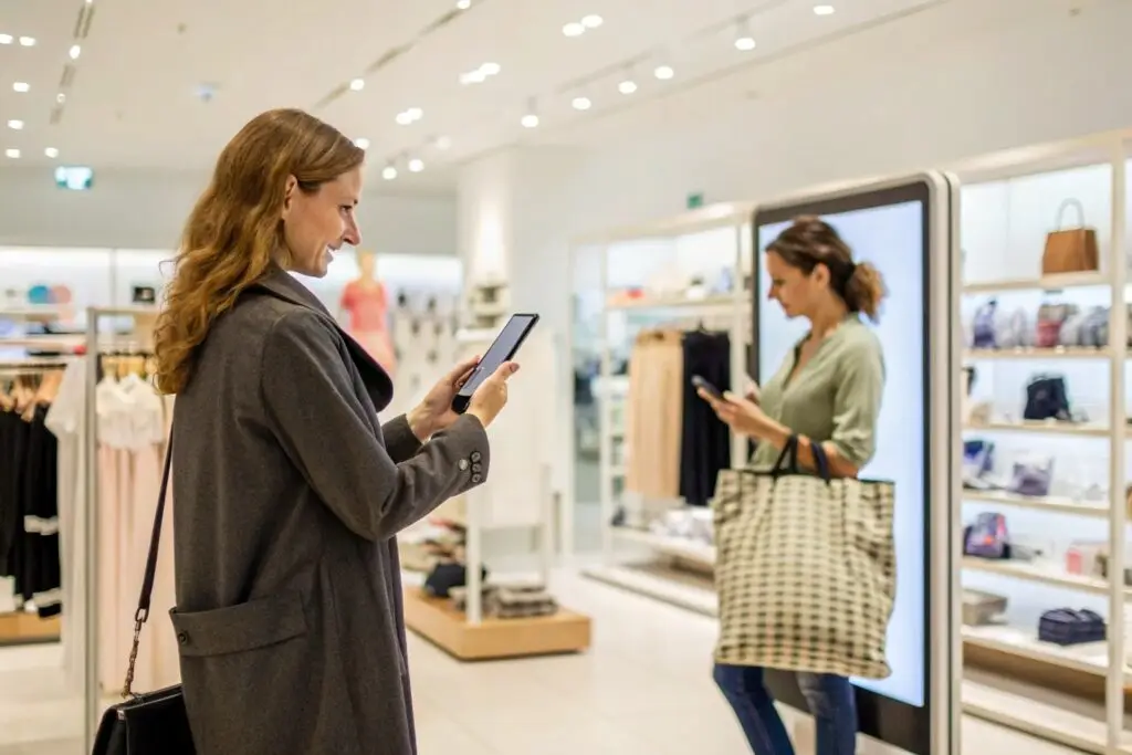 Shoppers using smartphones in a retail store