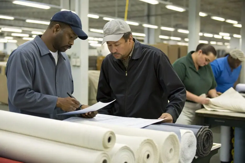Production team discussing fabric rolls and plans in clothing factory