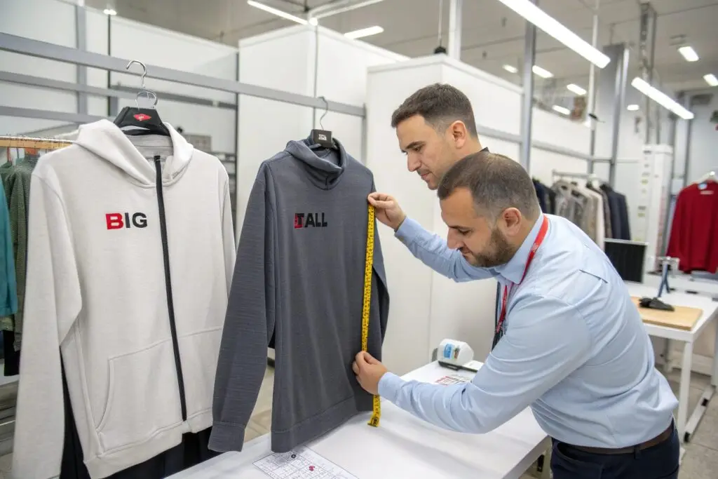 Buyers measuring hoodie samples for product fit