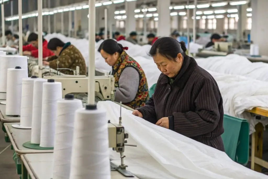 Traditional fashion production line with workers sewing fabrics