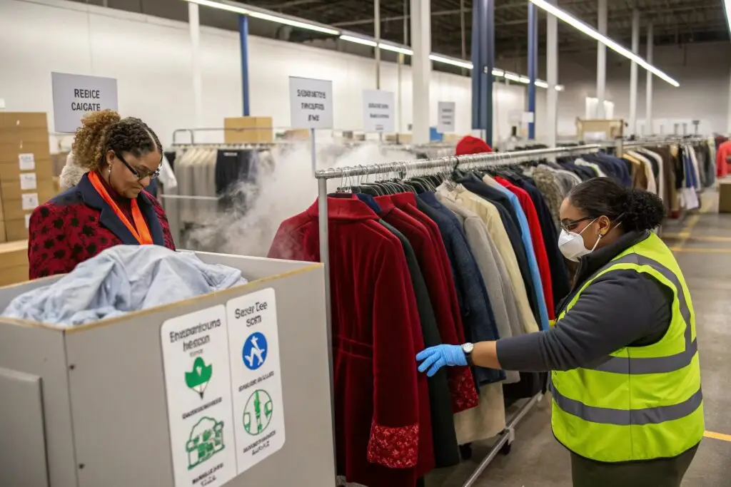 Warehouse staff steaming and inspecting returned winter coats