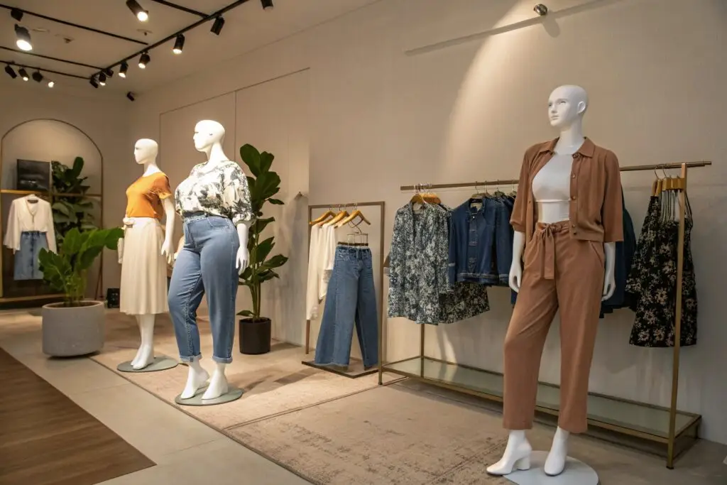 Boutique display with mannequins showcasing casual women's outfits