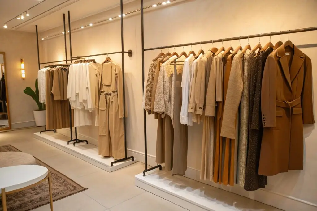 Boutique rack showcasing neutral-toned capsule wardrobe pieces