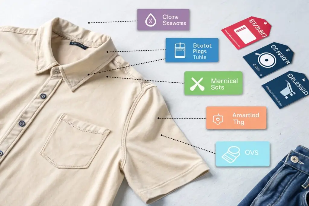 Beige shirt with labeled tags highlighting garment attributes