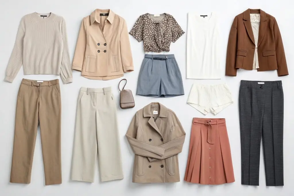 Flat lay display of neutral-tone women's clothing and accessories