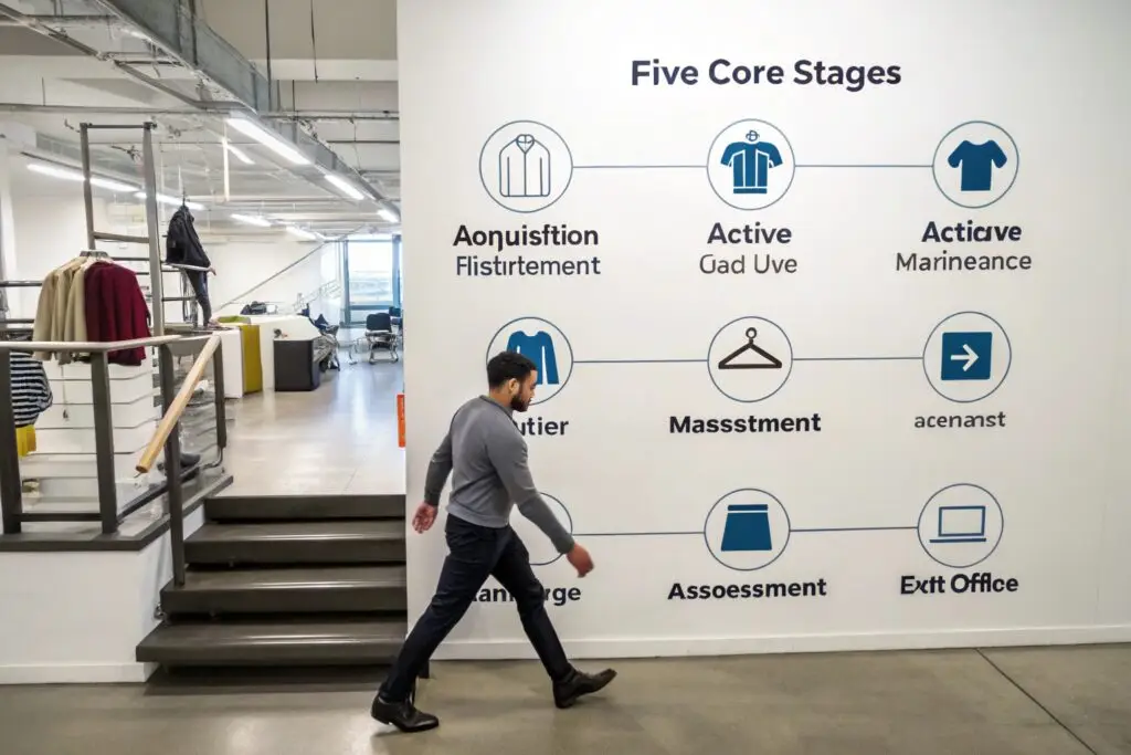 Wall diagram showing five core stages of apparel lifecycle