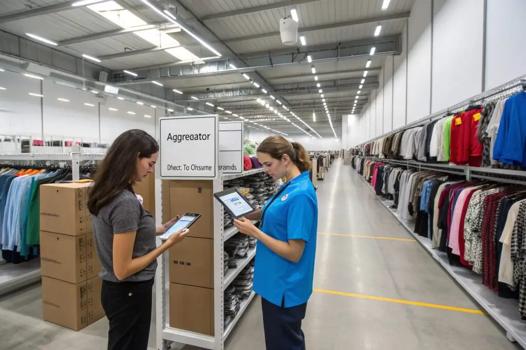 Apparel distribution staff checking stock with tablets