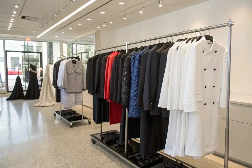 Modern showroom with tailored suits and formalwear on display racks