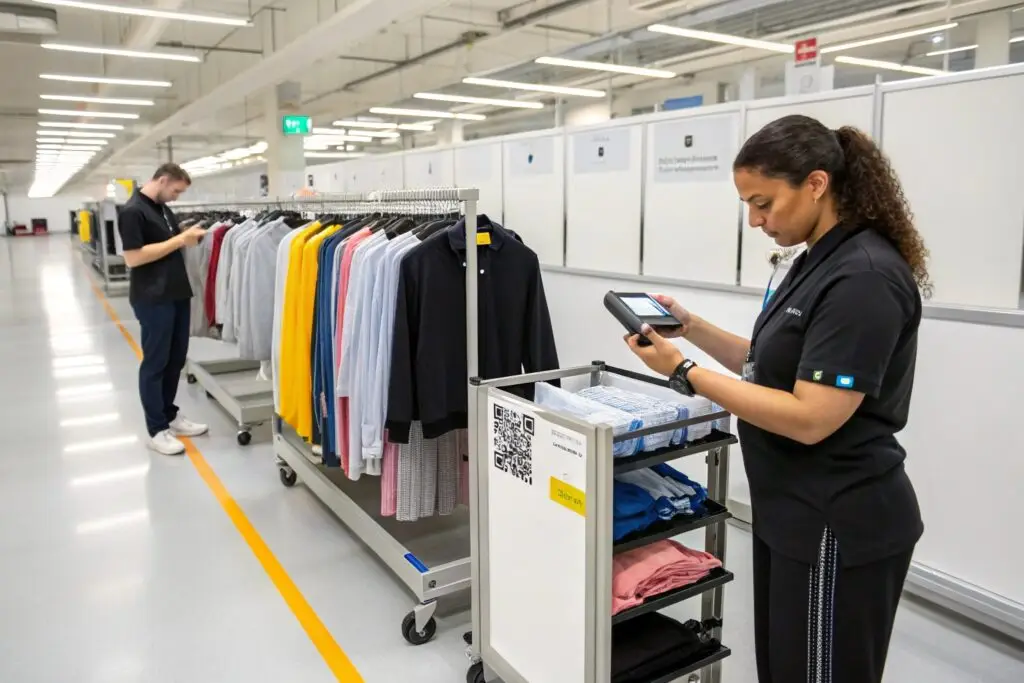 Rental facility staff scanning and organizing returned garments