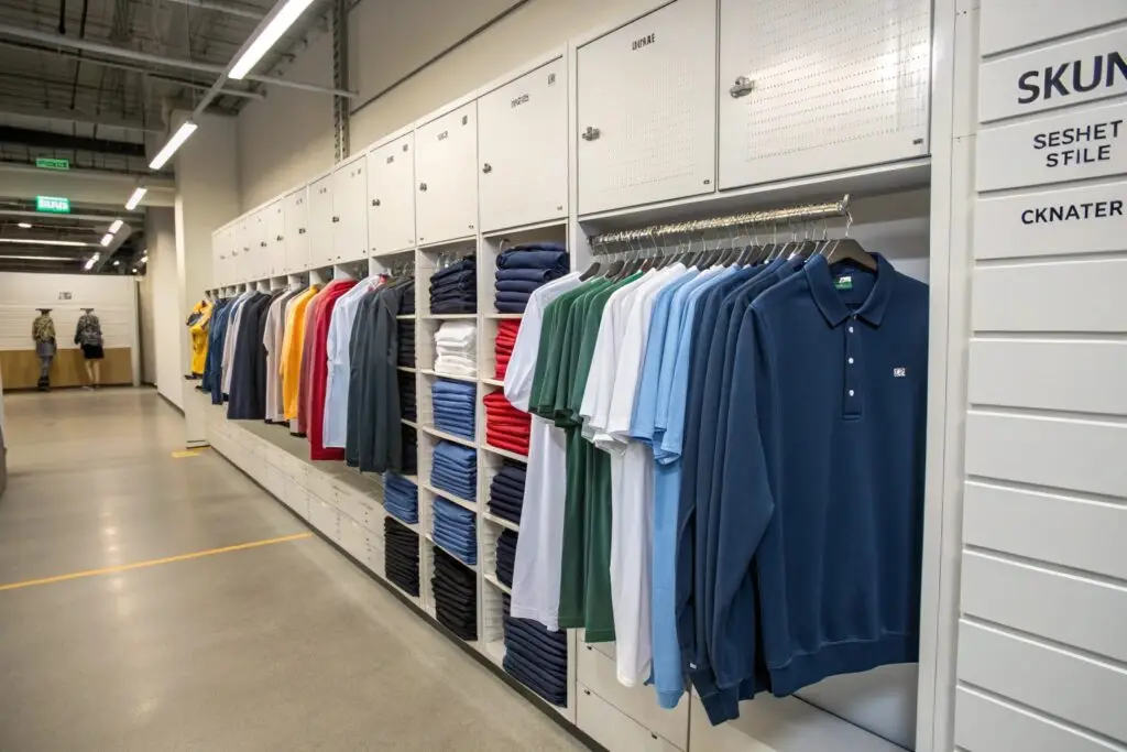 organized storage display with uniform rental polos and pants