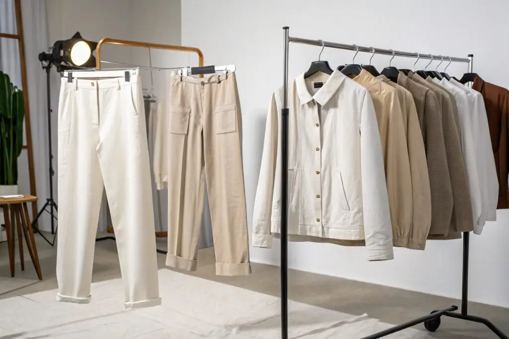 Neutral-toned rental garments hanging in minimalist studio setup