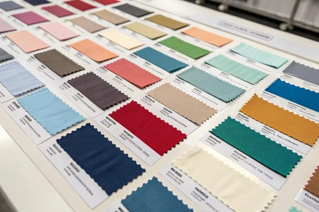 organized display of labeled fabric swatches in studio