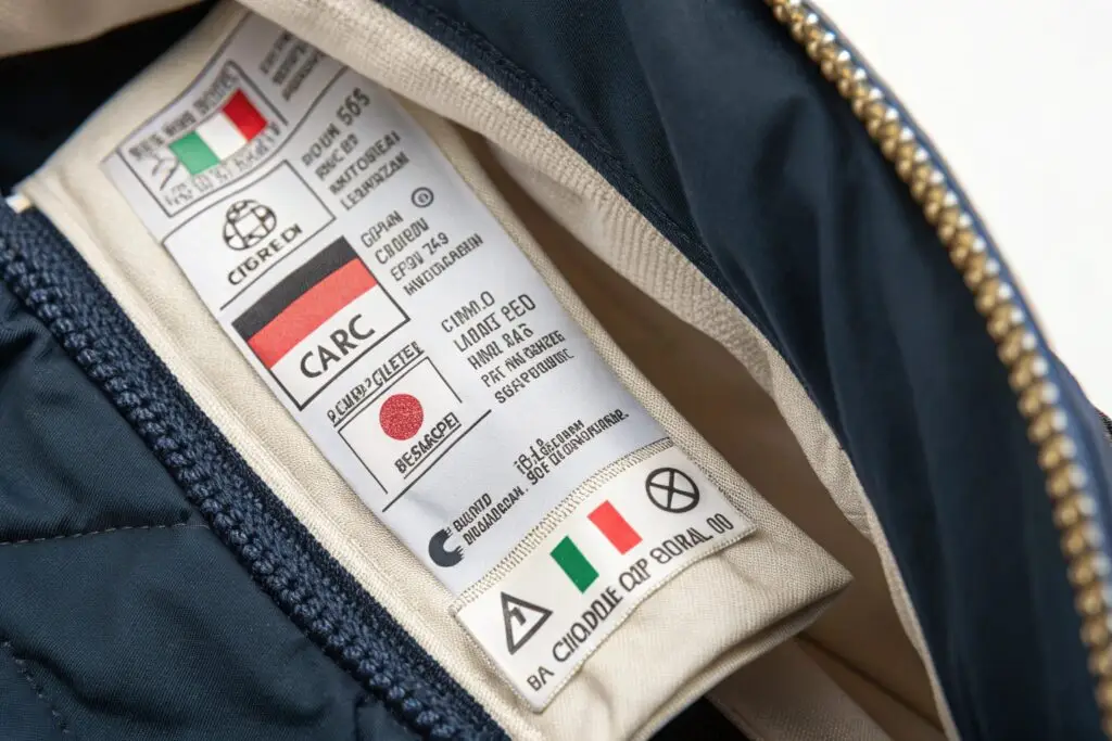 close-up of international garment care and origin labels