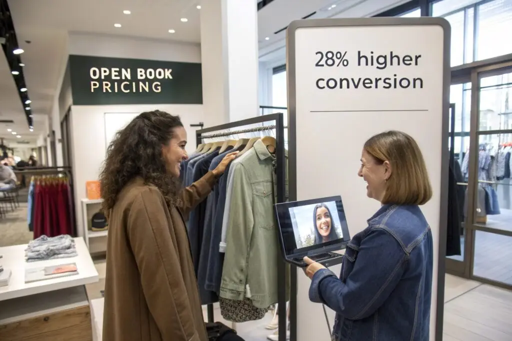 Shoppers engaged in transparent pricing fashion store