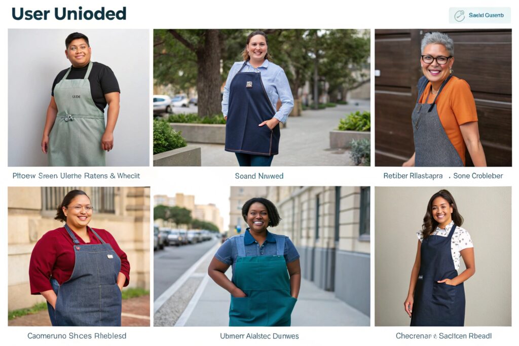 Collage of users wearing aprons in various outdoor and indoor settings