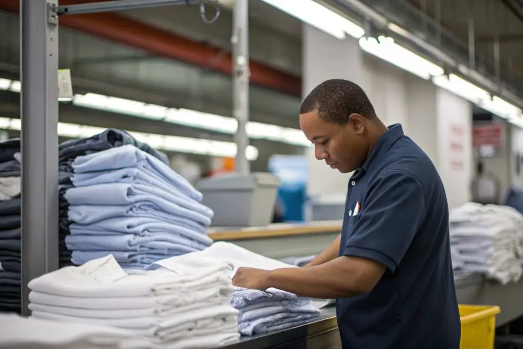 laundry worker folding and inspecting clean garments