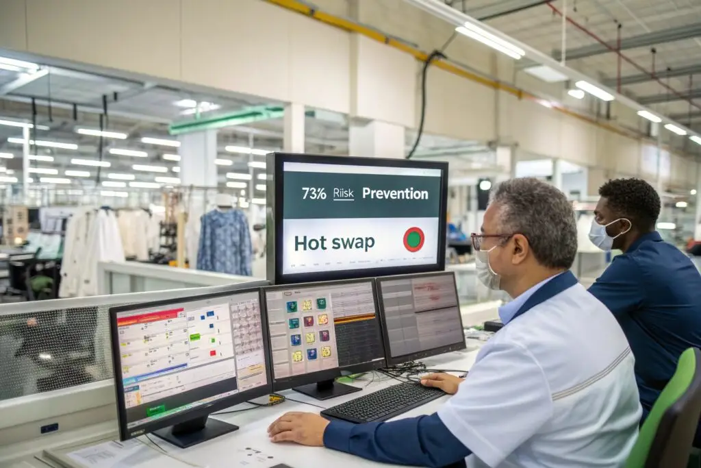 Technicians monitoring garment production risk dashboard