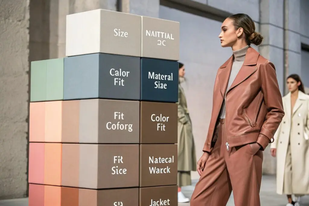 Fashion model beside stacked boxes showing apparel fit and color terms