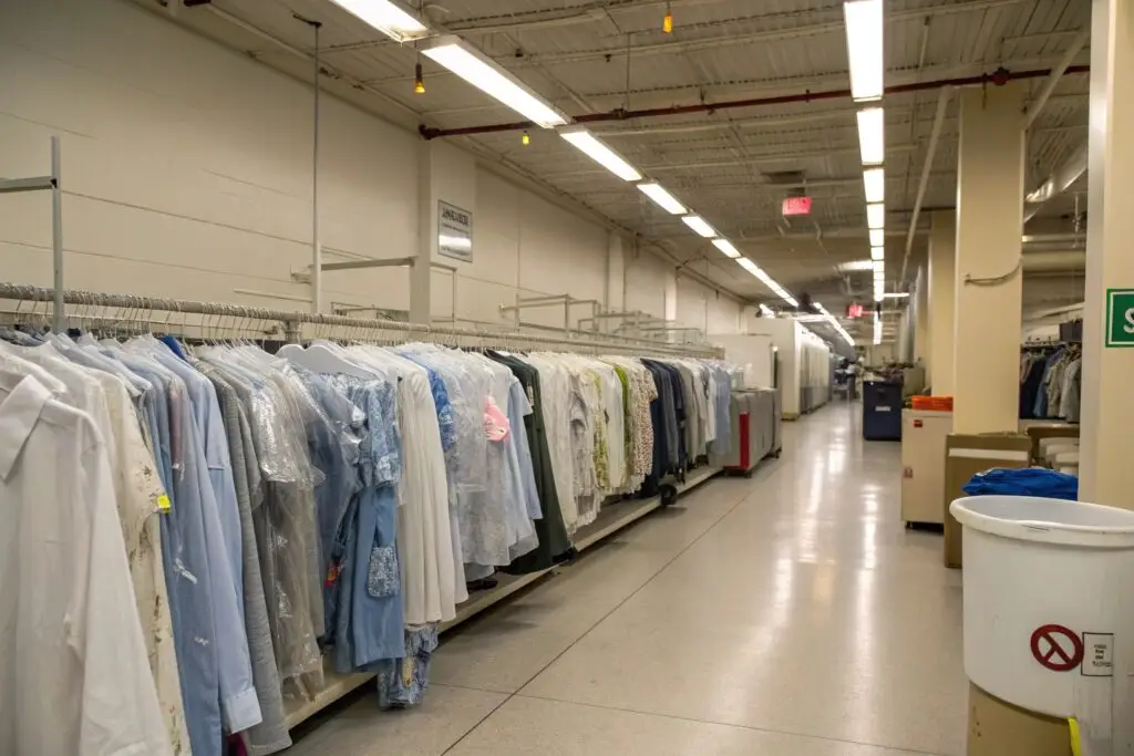 laundry facility rack filled with cleaned rental garments