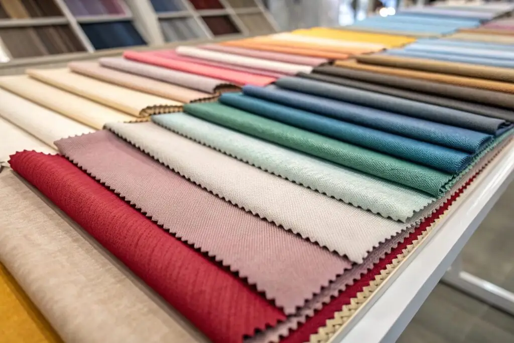 colorful polyester cotton blend fabric samples on display