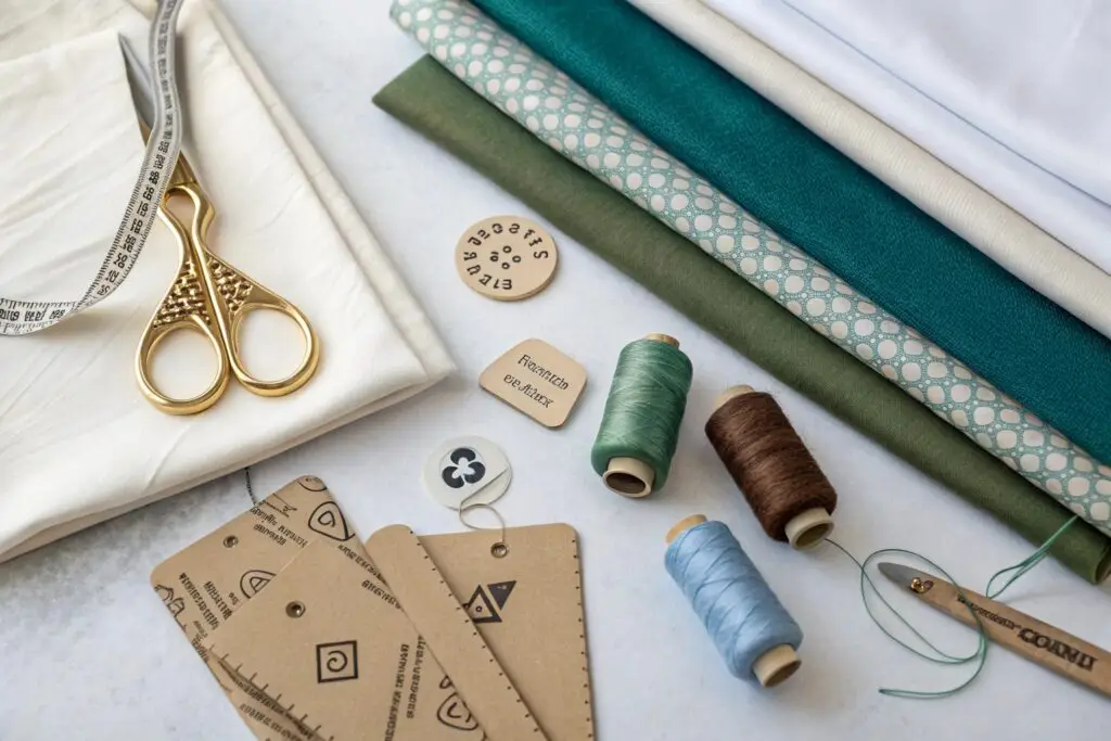 Colorful fabrics, threads, and tailoring tools arranged flat