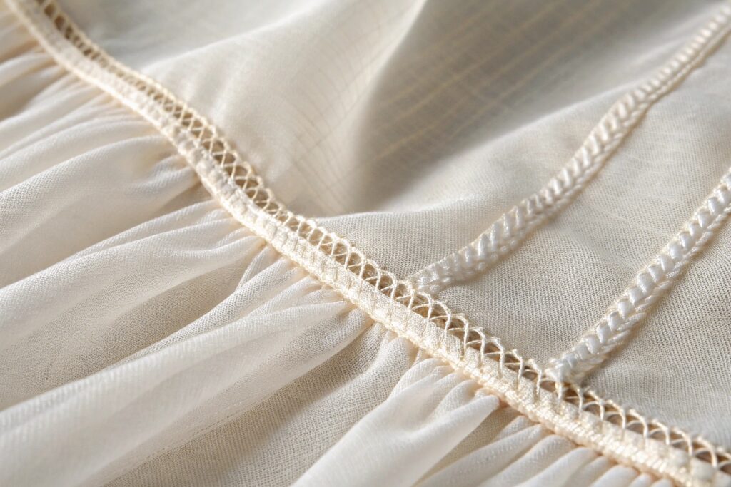 close-up of French seam on lightweight sheer fabric
