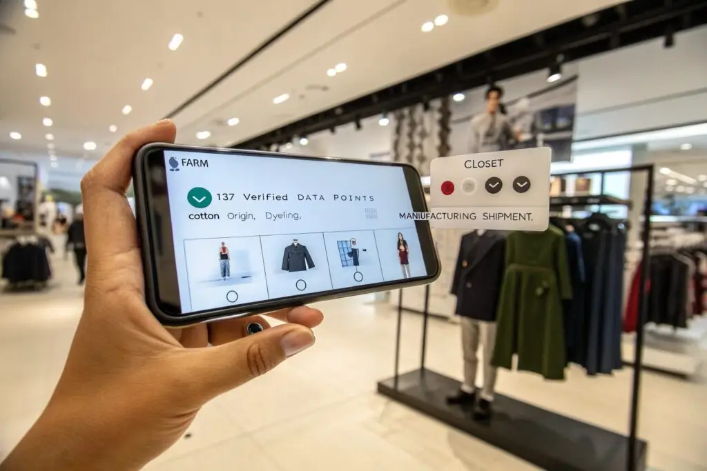 Hand holding phone tracking full garment traceability