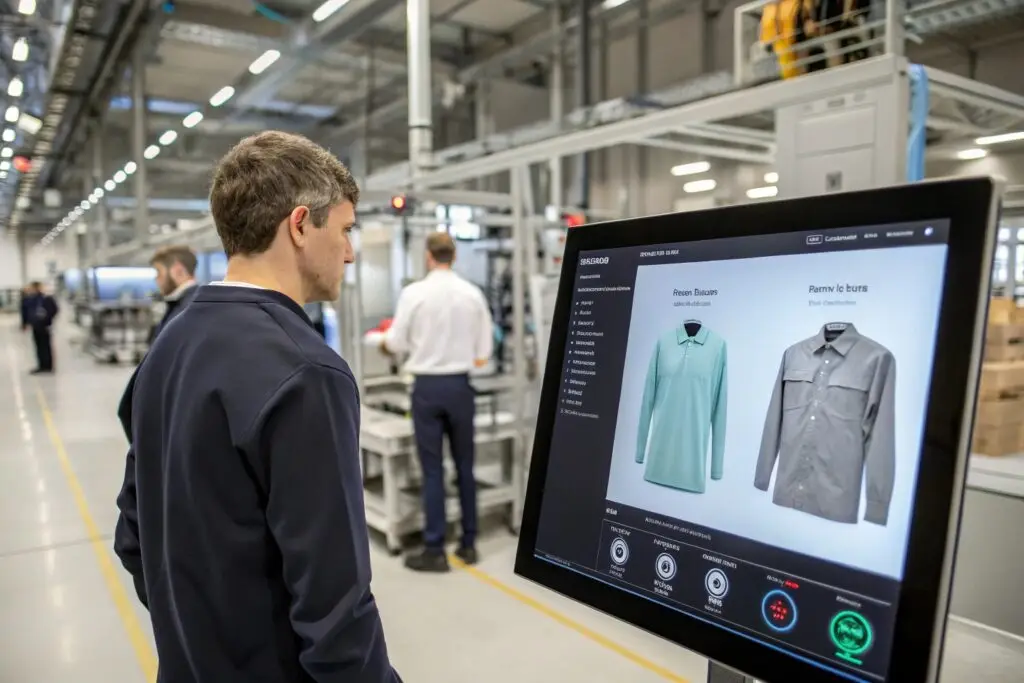 Operator managing virtual garment inventory on screen