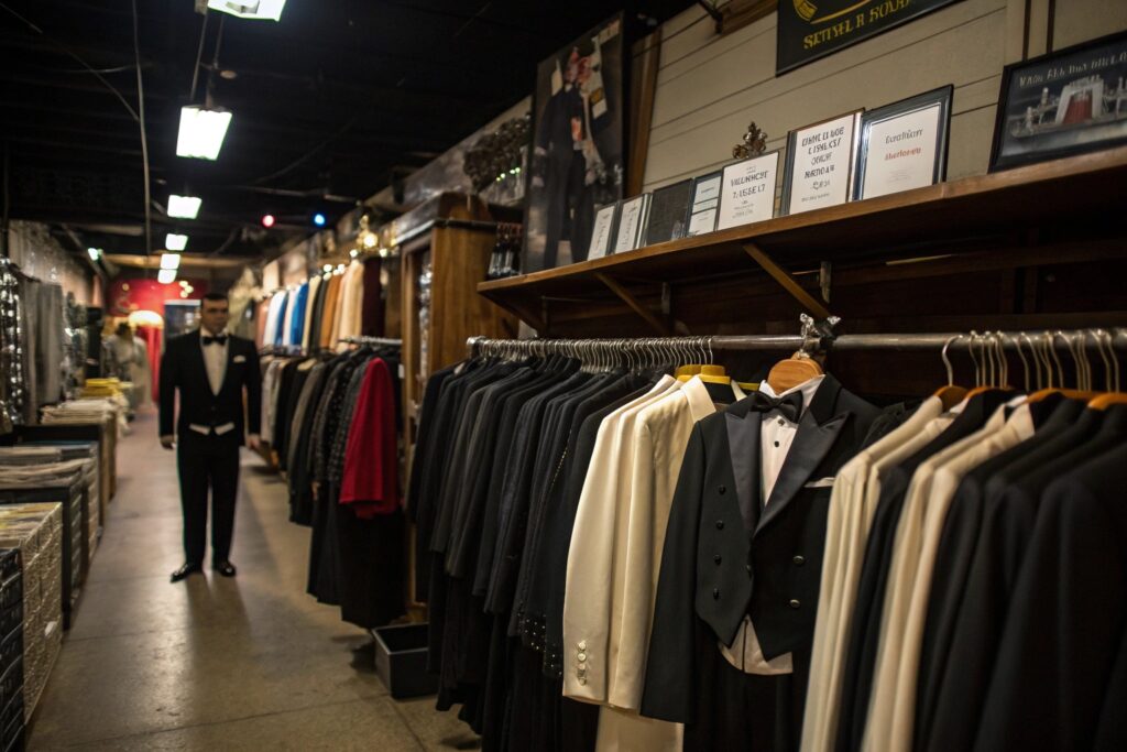 Vintage tuxedo rentals displayed in dimly lit store