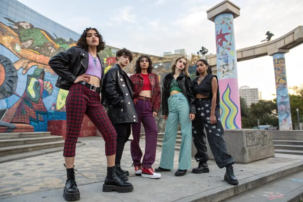 Bold Gen Z group flaunting edgy streetwear fashion